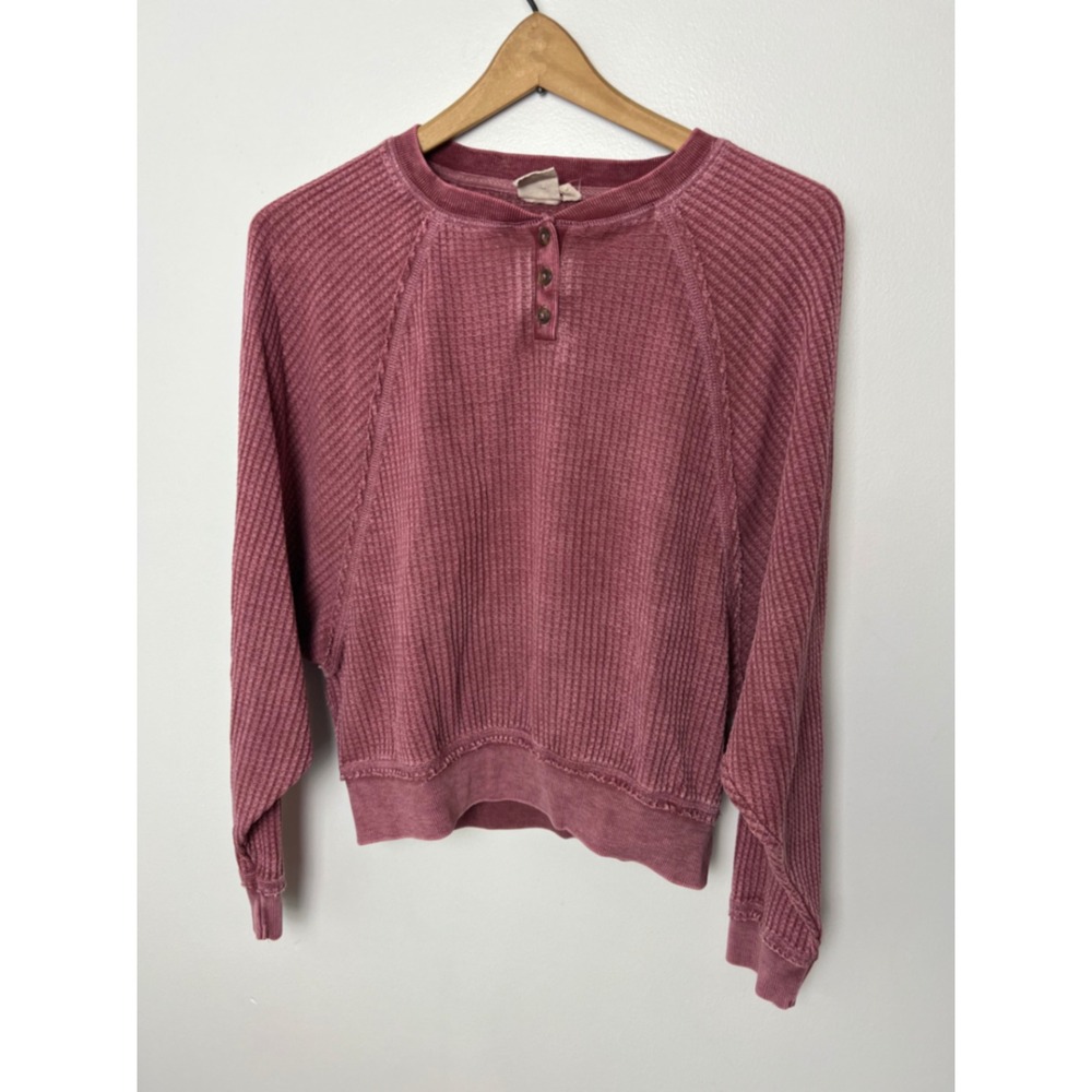 White Crow Waffle Knit Henley Crewneck Sweatshirt Dusty Rose Pink Womens XS